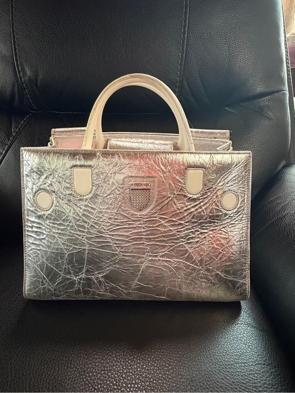 Dior Metallic Silver Crinkled Leather Satchel